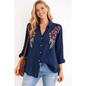 Johnny Was 3J Workshop Embroidered Boho Tunic Blouse Navy Floral L